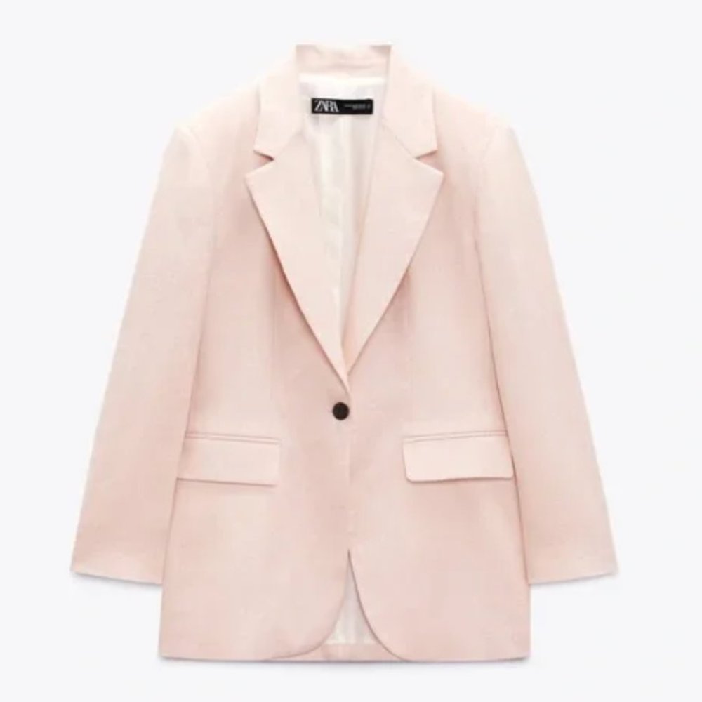 NWT Zara suit 100% linen straight cut blazer + straight leg pants beige-pink - Picture 9 of 12